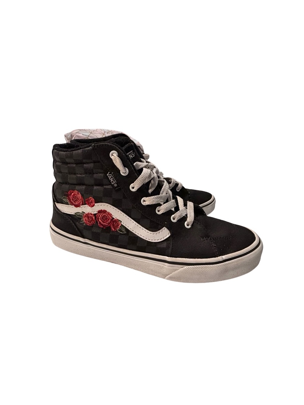 Vans SK8-Hi Checkerboard Rose Embroidery Black Skate High Top Sneaker Size 5.5 - Picture 2 of 8
